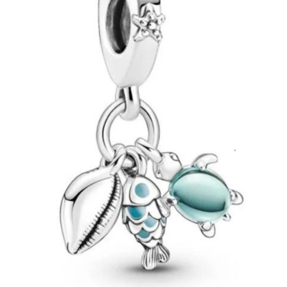 SILVER 925 FISH, SEA, TURTLE, AND CONCH TRIPLE DANGLE CHARM